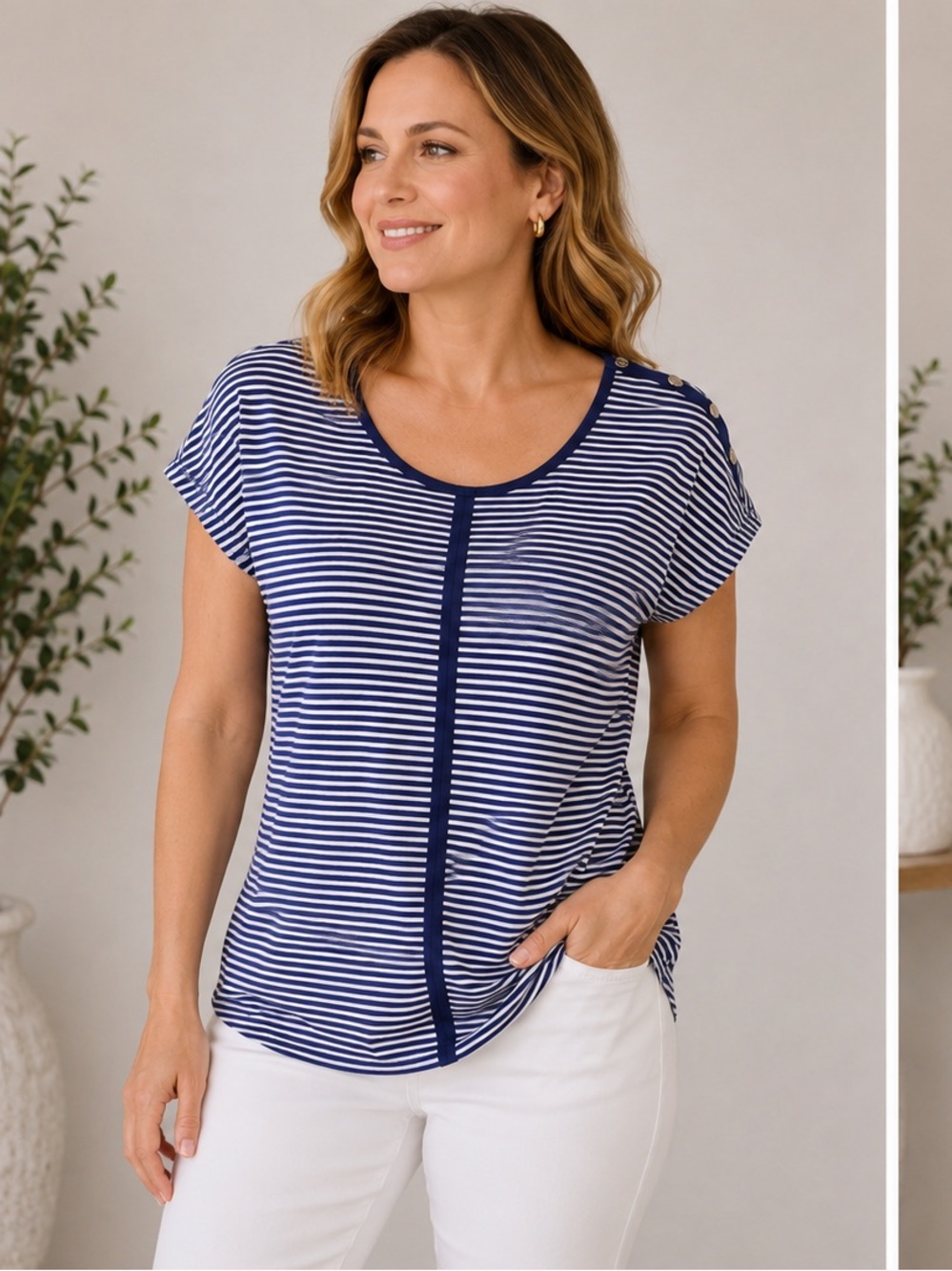 Jones New York Navy & White Striped Nautical Top with Shoulder Buttons
